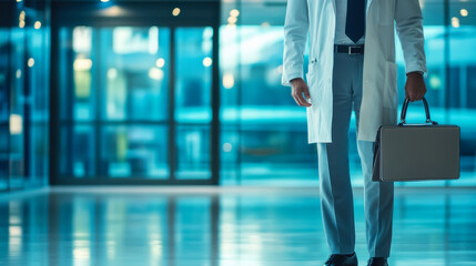 A doctor stands confidently in a contemporary healthcare environment, analyzing patient information displayed on a tablet, surrounded by digital health graphics.