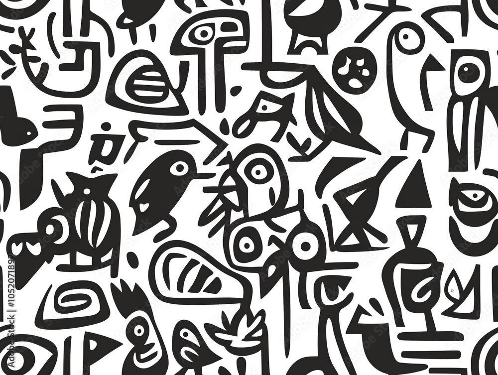 Poster an abstract drawing of various birds in abstract design and doodle style.
