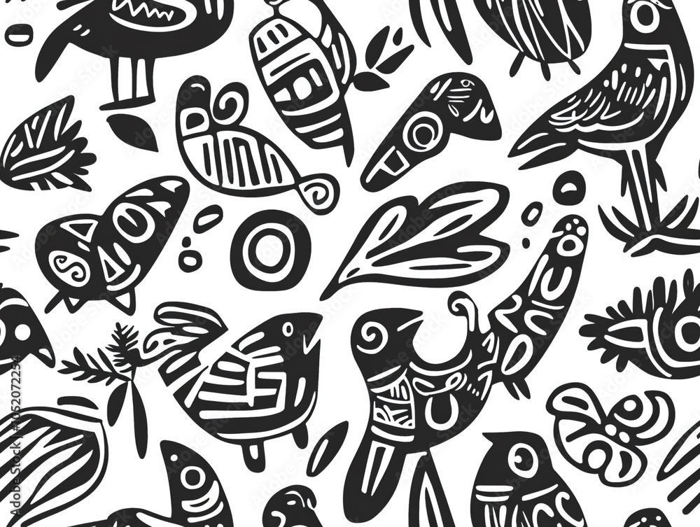 Poster an abstract drawing of various birds in abstract design and doodle style.