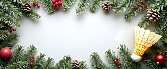 Badminton shuttlecock on a white background with Christmas decorations, fir branches