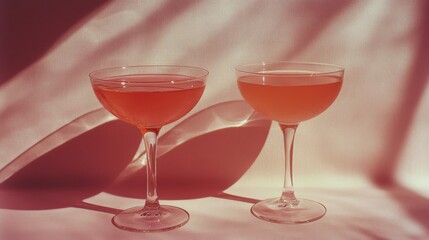 Refreshing cocktails presented in elegant glasses with colorful background at golden hour