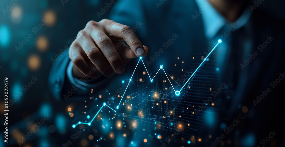 Poster a person interacts with digital data visualizations in a modern setting, showcasing technology and i