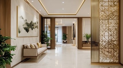 A spacious and elegant hallway with a marble floor, a white sofa with pillows, a large painting on the wall, and a decorative screen in the background.