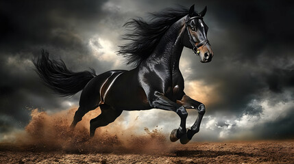 Black Horse Running Through Dust Realistic Image