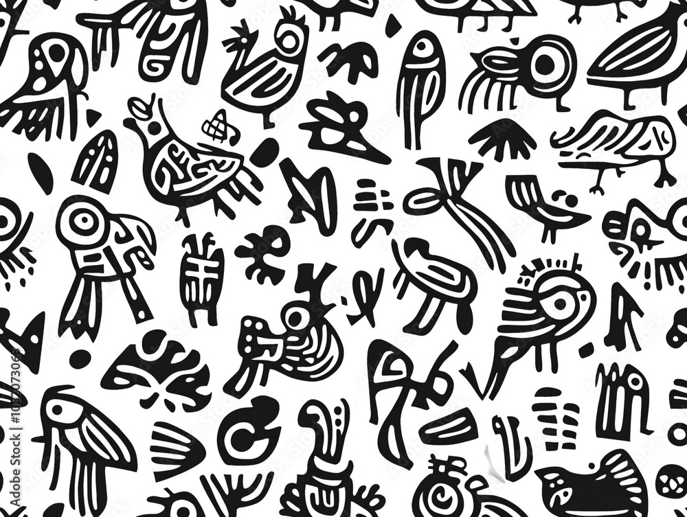 Poster an abstract drawing of various birds in abstract design and doodle style.