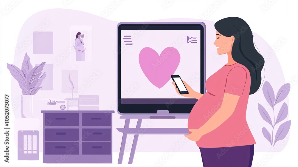 Poster telemedicine consultation showing a pregnant woman asking questions to her obstetrician through a mo