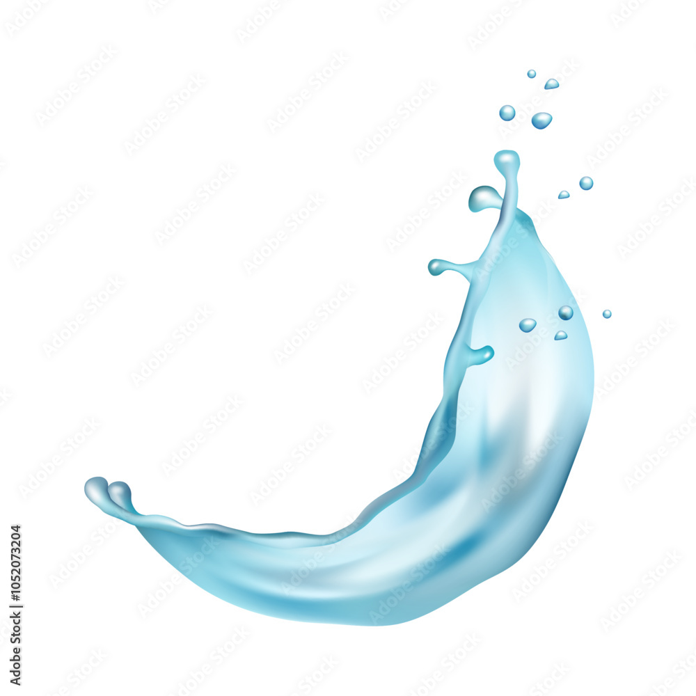 Poster water wave swirl with drops, realistic splashes. vector clean aqua falling or pour with air bubbles,