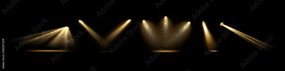 Poster narrow beam spotlights set, light effect with shining small particles or dust. vector collection of 