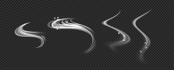 Wind blowing effect, isolated set of realistic luminous lines with particles. Vector glowing texture, trail wave, incandescence curve twirl. Sparkling movement, curves and shiny rotation
