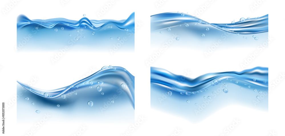 Aufkleber Water splashes and drops on surface with bubbles of air. Vector isolated set of realistic liquid with droplets. Fluid in containers side view. Waves and splashing effect of clear smooth aqua
