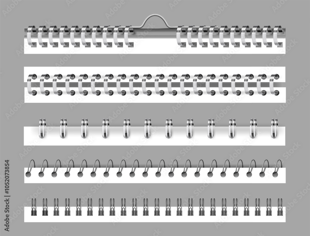 Aufkleber metal binders set, isolated realistic silver or black spiral coils for notebook. vector collection o