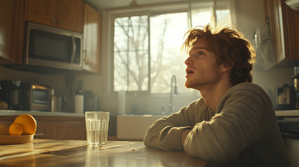 Young man with red hair sits in a kitchen, looking up at something off camera.