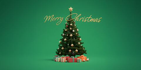 Merry Christmas Tree, Holiday Celebration Graphic, Christmas Card, Green Background