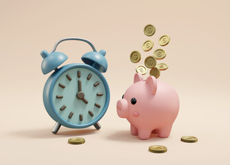 3D rendered illustration of a blue alarm clock icon next to it. A pink piggy bank with gold coins falling inside. It symbolizes the importance of time in relation to saving money and financial growth.