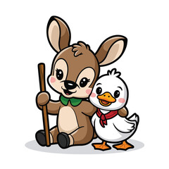 A cute grey deer and duck sitting together on a white background, vector illustration 