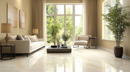 Naklejka premium A spacious living room with large windows, a white sofa, and a coffee table, with a view of the green trees outside.