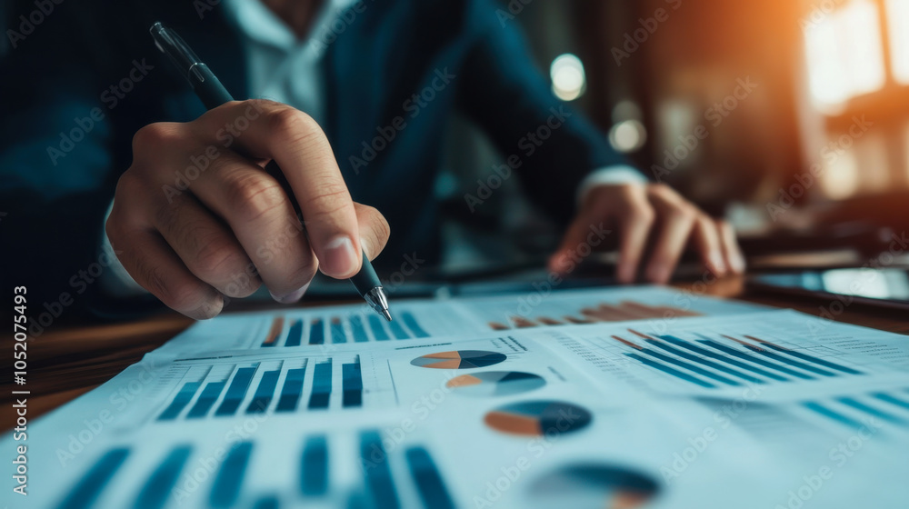 Poster business professional analyzing financial data with charts and graphs in a modern office during the 