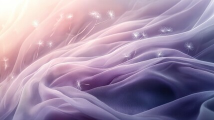 Obraz premium Ethereal Lilac Ash and Morning Silver Gradient Background with Floating Dandelion Wisps: A Gentle and Dreamy Aesthetic for Wellness and Lifestyle Brands. High Resolution.