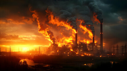 Obraz premium Factory Sunset with Smoke Stack Pollution