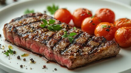 delicious grilled steak beautifully plated with roasted tomatoes and aromatic herbs on a white background, capturing the essence of gourmet food presentation and culinary artistry