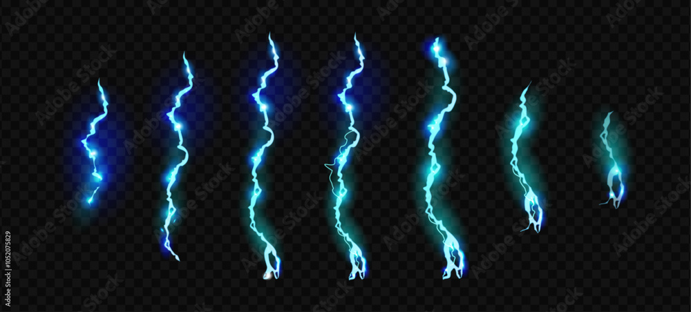 Poster thunderbolts striking and glowing in darkness. vector isolated animation, realistic motion of lightn