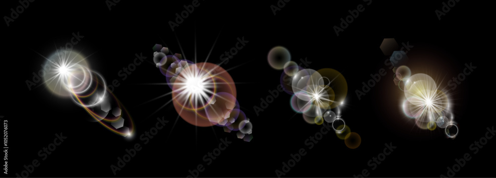 Poster Sun flare and glare set with circles and ray. Vector isolated set of realistic shining and glowing light. Cosmos or celestial body decoration. Camera flicker or beams with sunshine and shimmer