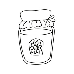 Glass jar honey with sunflower. Hand drawn doodle illustration.