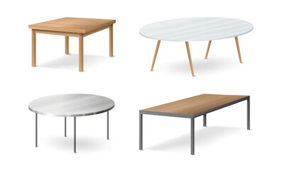 Kitchen and living room contemporary furniture for interior design. Vector isolated set of coffee desk with smooth surface. Stylish furnishing with wooden material. Modern tabletops for house