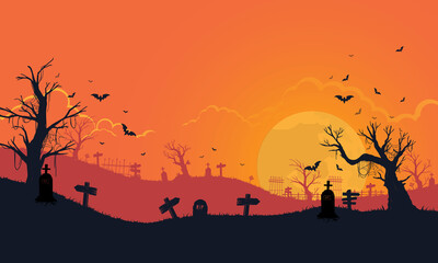 Halloween background and night moon with haunted ghosts and bats.