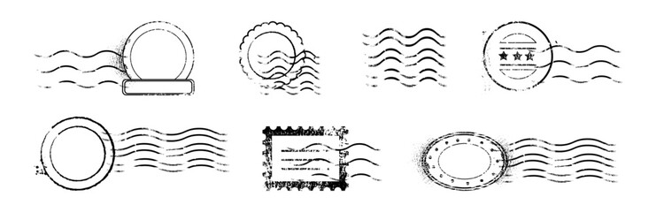Postal stamps or travel tags, isolated set of realistic monochrome stickers with empty space. Vector watermark with grungy effect. Dirty old or aged marks with scratches textures design