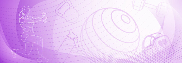 Purple fitness themed background. Stylized, abstract scene with various elements that include a female figure, a ball and other sports objects.