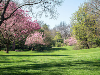 Obraz premium Serene park featuring vibrant cherry blossoms under a clear blue sky, highlighting the beauty of spring.