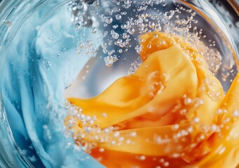 Close-up view of colorful fabrics spinning in a washing machine drum. AI generated illustration