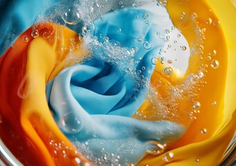 Close-up view of colorful fabrics spinning in a washing machine drum. AI generated illustration
