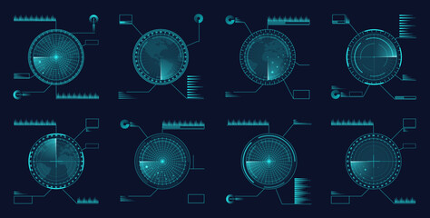 Displays with world map and targets or enemy. Vector isolated military radars or interfaces with information about air force or naval aim. Defense and war technologies for search and protection