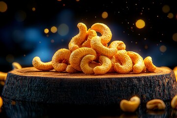 A hyper-realistic close-up of cashew nuts, with toasted color and rich textures on a wooden board