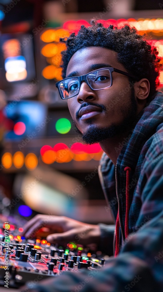 Poster bipoc man setting up electronics while organizing his new living space stock photo with side copy sp