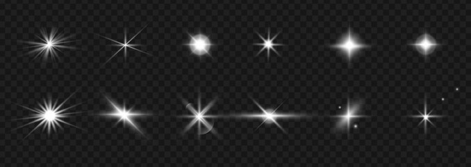 Photography camera light or sunlight reflection from lens. Vector stars in space, isolated glints set, sparkles and glares. Shimmering elements for typography and design. Realistic photo lens beam