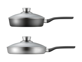 Skillet pan for frying and cooking dishes. Vector isolated kitchenware, stainless steel with handle and non stick coating. Metal material pot for preparing meal and serving lunch in restaurant