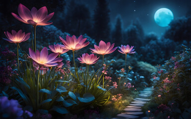 Enchanting, moonlit garden with bioluminescent flowers