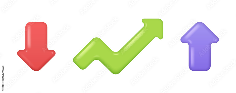 Aufkleber Arrow 3d chart graph pointer, vector illustration. Up and down forward arrow, motion and navigation symbol, financial growth concept. Web design elements crease of decrease sign