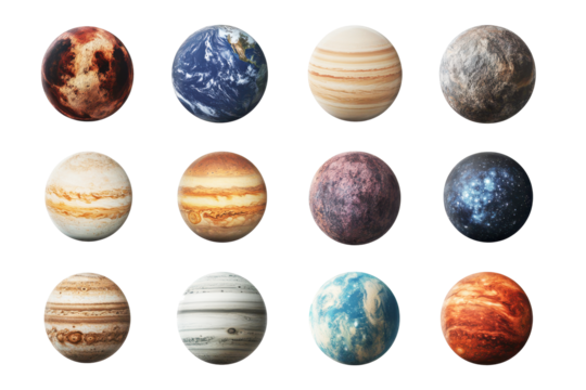 Collection of colorful planet designs representing different celestial bodies