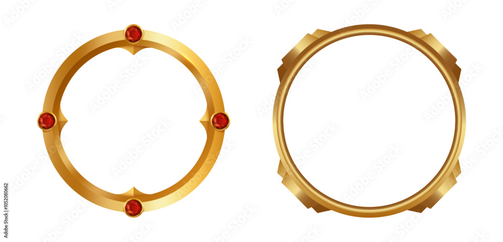 Poster round classic frame of gold with ruby stones. vector round shape border with diamonds, retro classic