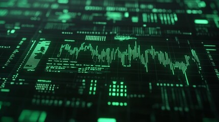 Futuristic trading chart featuring neon green trends and data points on a dark background