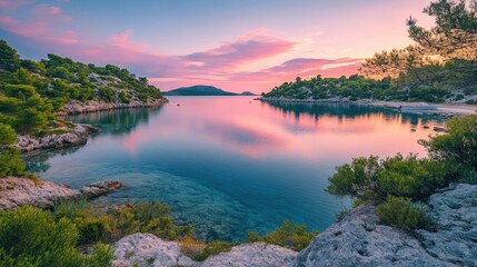 A stunning sunrise over a calm, blue bay, with the sky reflecting in the water, surrounded by lush, green vegetation.