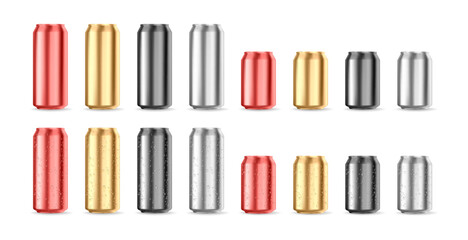 Can aluminium bottle for soda drinks, containers. Vector illustration of tin cans for beer or cold water or juice drinks. Liquid products packaging, realistic steel can for soda beverages mockup
