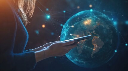 Woman using tablet with digital earth background