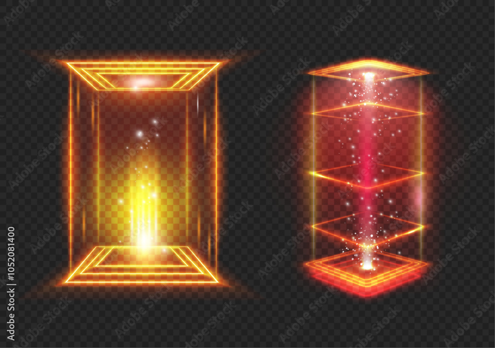 Poster Teleportation tunnels with glowing and light. Vector isolated of futuristic game portals and magical shining. Podiums with neon lightning and power, level up and upgrade, realistic frames