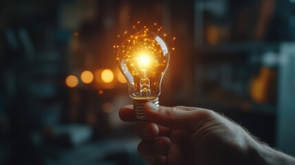 Hand Holding Illuminated Light Bulb with Digital Connections, Symbolizing Business Innovation