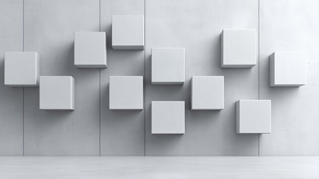 Modern minimalist display a striking arrangement of white cubes against a concrete wall perfect for contemporary art and design inspiration